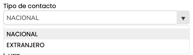 Selector Tipo de contacto del formulario de Contactos de Crol ERP desplegado mostrando las opciones NACIONAL y EXTRANJERO.