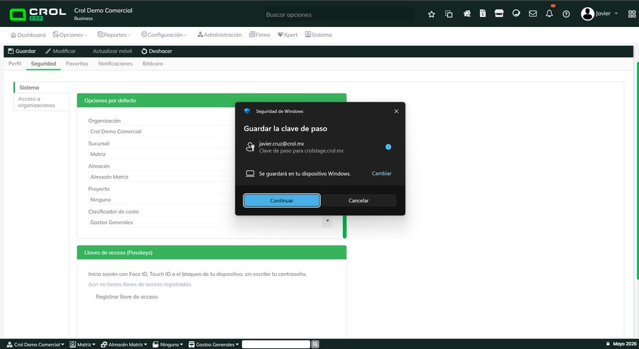 Cuadro de diálogo del dispositivo en Crol ERP para guardar la clave de paso, con el botón Continuar