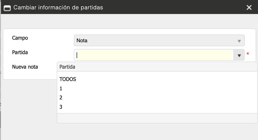 Modal Cambiar información de partidas con el dropdown Partida abierto mostrando las opciones TODOS, 1, 2 y 3.