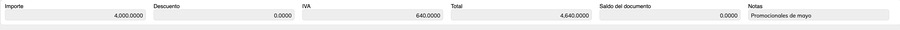 Pie del formulario de Nota de remisión con Importe 4,000.0000, Descuento 0.0000, IVA 640.0000, Total 4,640.0000, Saldo del documento 0.0000 y Notas Promocionales de mayo.