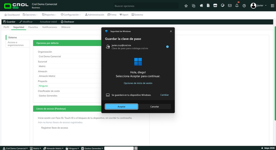 Solicitud de Windows Hello en Crol ERP pidiendo confirmar la identidad para crear la llave de acceso