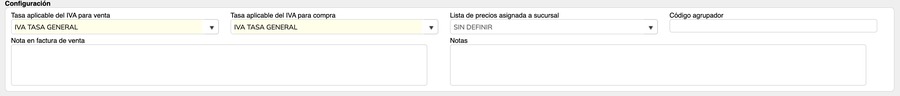 Sección Configuración del formulario de Sucursales de Crol ERP mostrando Tasa aplicable del IVA para venta, Tasa aplicable del IVA para compra, Lista de precios asignada a sucursal, Código agrupador, Nota en factura de venta y Notas.