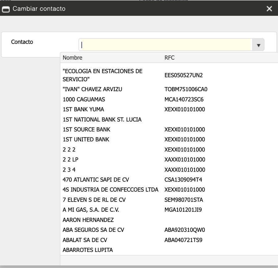 Modal Cambiar contacto con dropdown de búsqueda mostrando el listado de contactos disponibles (CROL DEMO, INTERSOL ÁNGEL FRANCISCO PEREZ AGUIRRE, etc.) y los botones Aceptar y Cancelar.
