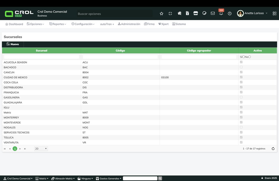 Pantalla de consulta del catálogo Sucursales de Crol ERP con las columnas Sucursal, Código, Código agrupador y Activo.