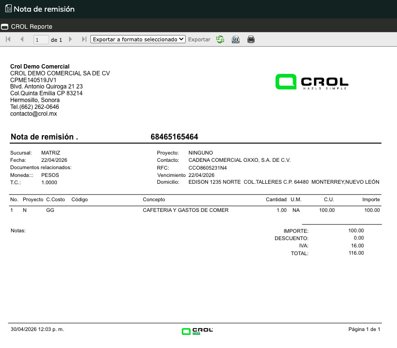 Ventana Previsualizar impresión del reporte de la nota de remisión mostrando la barra CROL Reporte con flechas de navegación, el selector Exportar a formato seleccionado, el botón Exportar y los íconos de actualizar, vista de impresión e impresora, además del contenido del reporte con los datos del contacto y los totales.