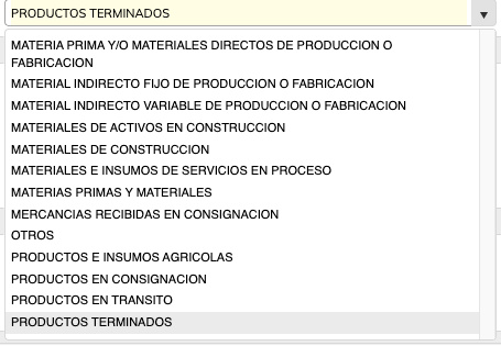 Selector Tipo del formulario de Almacenes de Crol ERP desplegado, mostrando los tipos de almacén disponibles.