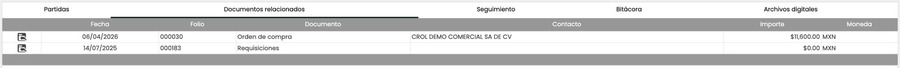 Pestaña de documentos relacionados mostrando orden de compra 000030 de CROL DEMO COMERCIAL y requisición 000183 vinculadas a la cotización