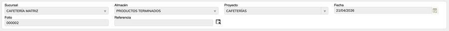 Área de encabezado de Requisiciones con los campos Sucursal, Almacén, Proyecto, Fecha, Folio y Referencia capturados.
