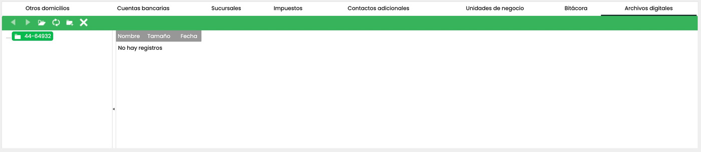 Pestaña Archivos digitales del Contacto en Crol ERP mostrando la barra de acciones (atrás, adelante, abrir, refrescar, nueva carpeta, eliminar), una carpeta raíz 44-64932 y el panel de archivos vacío con leyenda No hay registros.