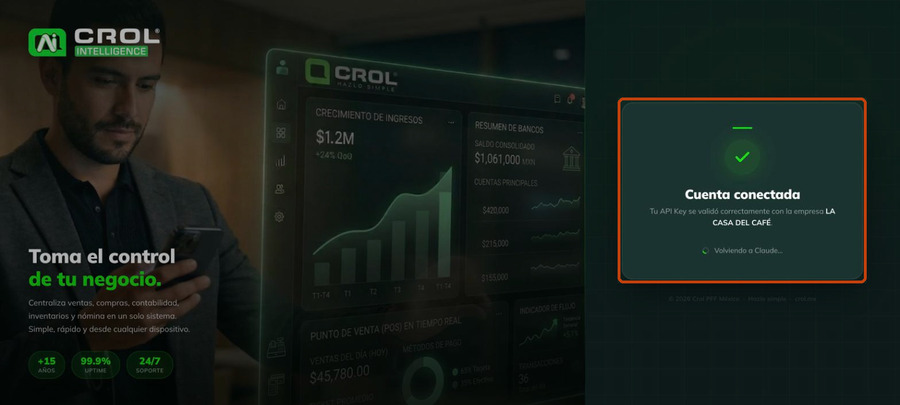 Pantalla de Crol Intelligence mostrando el mensaje Cuenta conectada con el nombre de la empresa validada y el aviso de que vuelve a Claude.