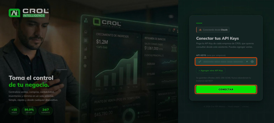 Pantalla Conectar tus API Keys de Crol Intelligence mostrando el campo API KEYS y el botón CONECTAR resaltados, con el aviso de que las llaves se guardan cifradas.
