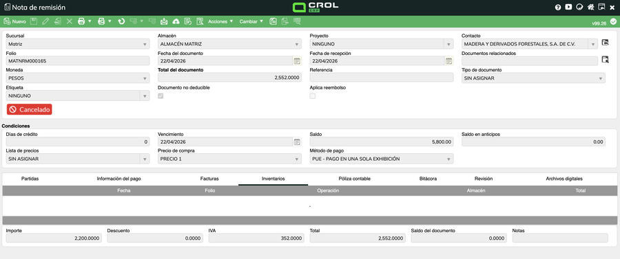 Pestaña Inventarios de una nota de remisión cancelada con el grid de movimientos vacío y el sello Cancelado en rojo en el encabezado del documento, indicando que la entrada al almacén fue revertida.