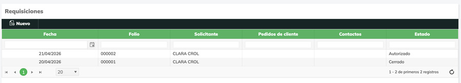 Pantalla de consulta de Requisiciones en Crol ERP con listado de documentos registrados y filtros de búsqueda por Fecha, Folio, Solicitante, Pedidos de cliente, Contactos y Estado.
