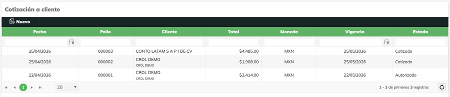 Pantalla de consulta de cotizaciones a cliente en Crol ERP, mostrando lista de registros con columnas de fecha, folio, cliente, total, moneda, vigencia y estado