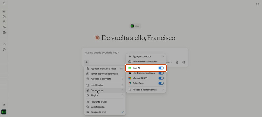 Menú de conectores del cuadro de mensaje de Claude mostrando Crol AI con su interruptor encendido y resaltado, junto a los demás conectores activos.