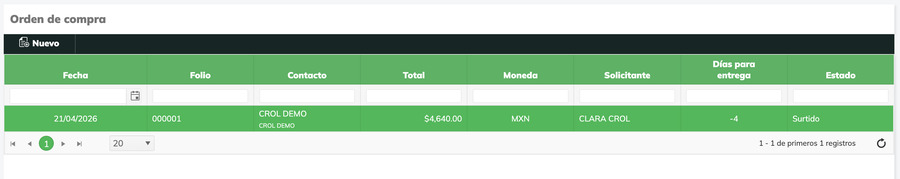Pantalla de consulta de Orden de compra mostrando el listado de documentos registrados con columnas Fecha, Folio, Contacto, Total, Moneda, Solicitante, Días para entrega y Estado.
