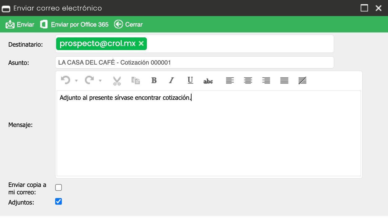 Ventana Enviar correo electrónico de Crol ERP con los campos Destinatario, Asunto, Mensaje, Enviar copia a mi correo y Adjuntos.