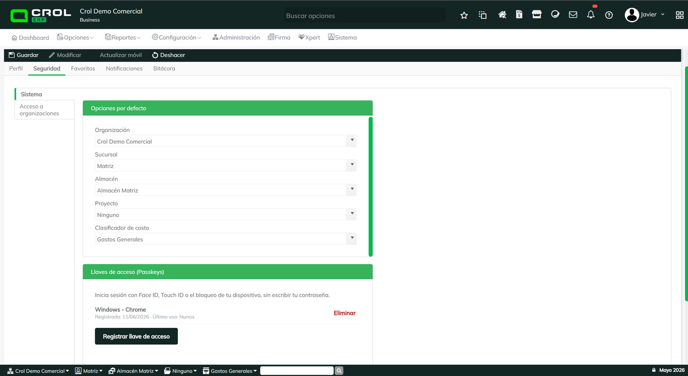 Panel Llaves de acceso (Passkeys) de Crol ERP mostrando una llave registrada con dispositivo, fecha de registro, último uso y la opción Eliminar