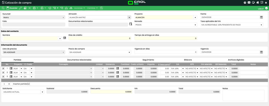 Formulario completo de cotización de compra en Crol ERP mostrando encabezado, datos del contacto, información del documento, partidas y sección de totales