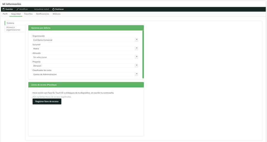 Pestaña Seguridad de Mi información en Crol ERP mostrando el panel Llaves de acceso (Passkeys) y el botón Registrar llave de acceso