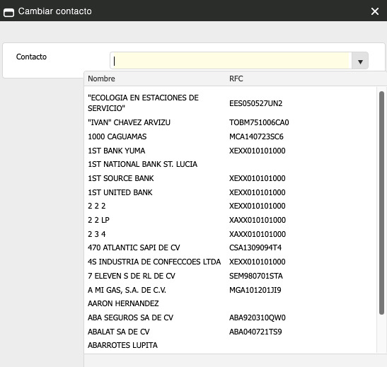 Ventana Cambiar contacto con el selector Contacto desplegado mostrando el listado de contactos disponibles con su nombre y RFC.