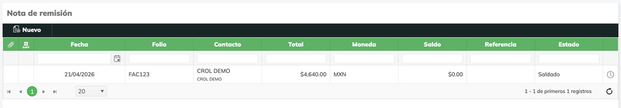 Pantalla de consulta de Nota de remisión en Crol ERP con listado de documentos registrados y filtros de búsqueda por Fecha, Folio, Contacto, Total, Moneda, Saldo, Referencia y Estado.