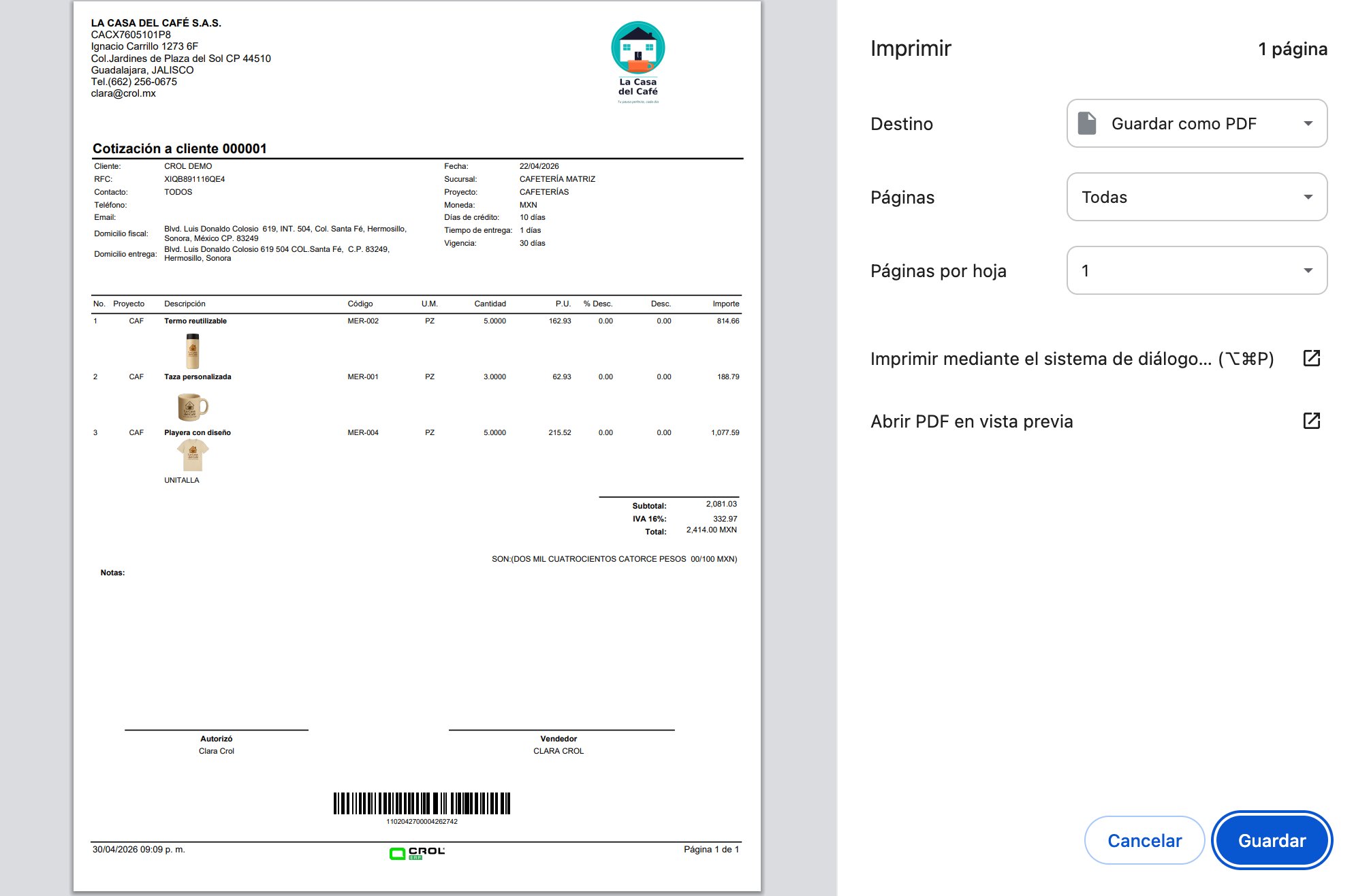 Diálogo de impresión del navegador mostrando la cotización 000001 lista para guardar como PDF, con los datos del cliente, las partidas y el total