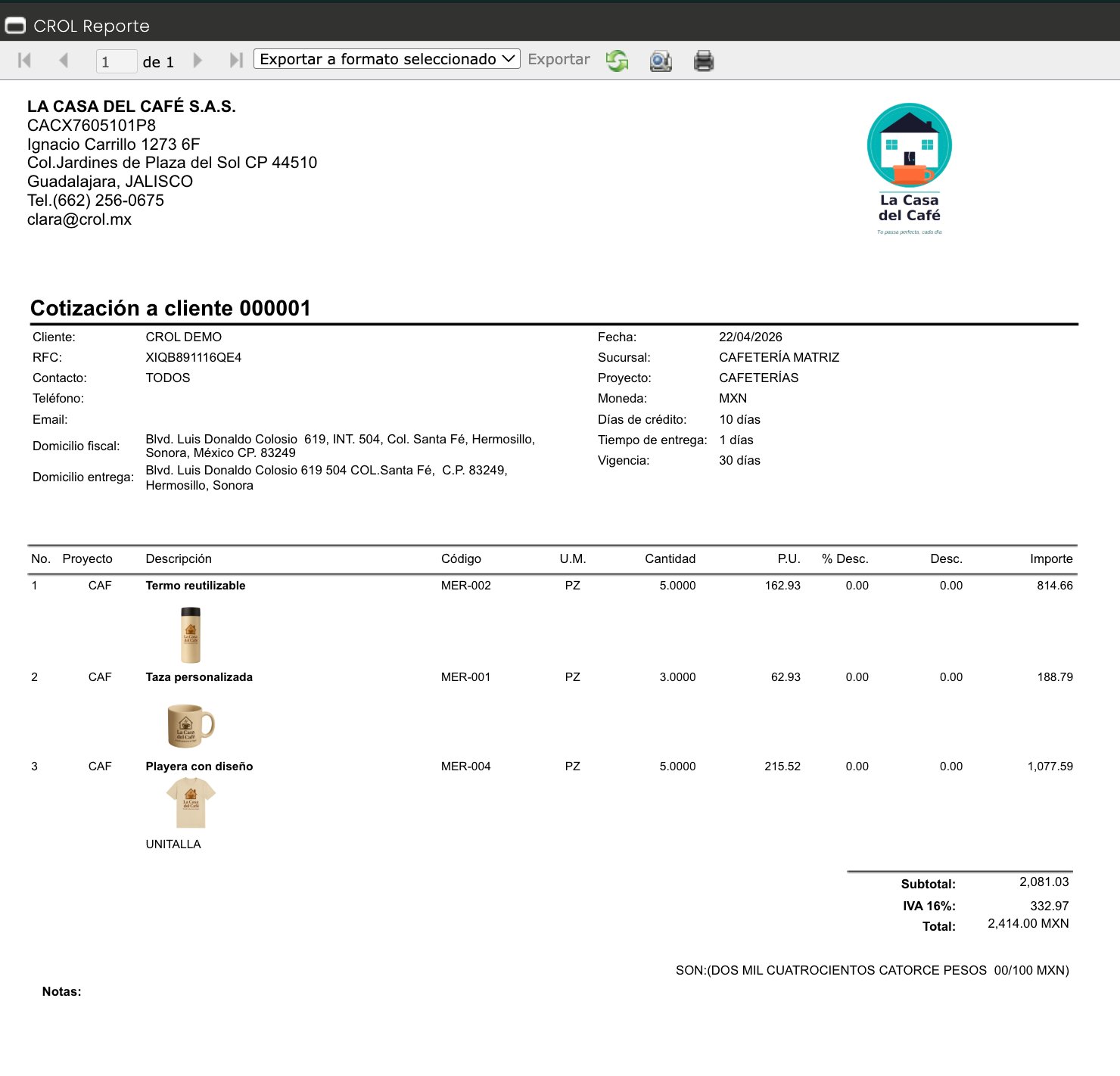 Ventana CROL Reporte mostrando la cotización 000001 completa con encabezado, partidas, totales y barra de exportar a formato seleccionado