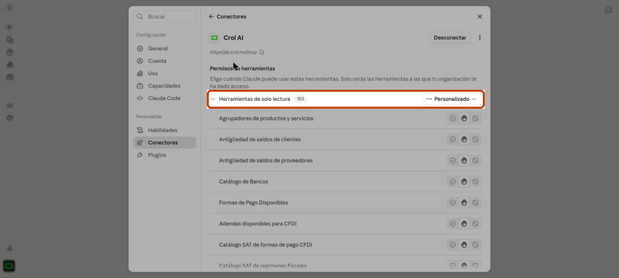 Detalle del conector Crol AI en Claude mostrando los Permisos de herramientas resaltados, con el total de herramientas de solo lectura disponibles y el control de permiso por herramienta.