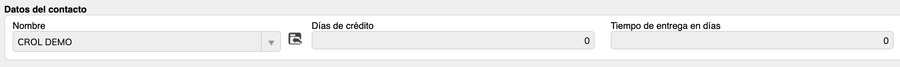 Sección Datos del contacto con el campo Nombre CROL DEMO, Días de crédito 0 y Tiempo de entrega en días 0.
