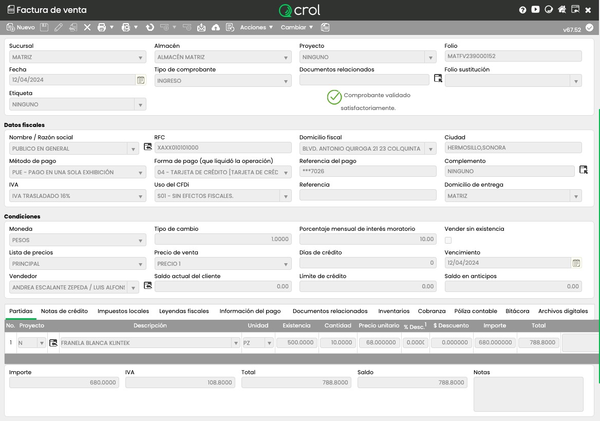 Pantalla de Factura de venta en Crol ERP mostrando una factura timbrada con comprobante validado satisfactoriamente, datos fiscales del cliente Público en General, RFC genérico XAXX010101000, producto Franela Blanca Klintek con precio de venta, IVA y total, método de pago PUE
