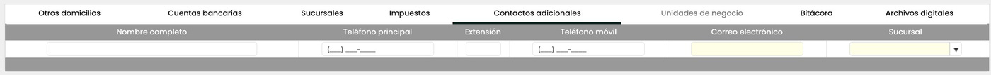 Pestaña Contactos adicionales del Contacto en Crol ERP con columnas Nombre completo, Teléfono principal, Extensión, Teléfono móvil, Correo electrónico y Sucursal.