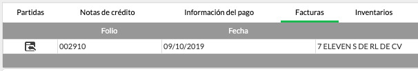 Pestaña Facturas dentro de la nota de venta mostrando la factura emitida con folio, fecha y razón social en Crol ERP