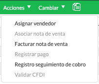 Menú Acciones de la nota de venta mostrando la opción Facturar nota de venta en Crol ERP