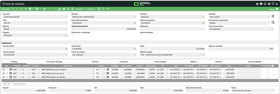Formulario completo de Nota de remisión folio FAC123 mostrando el encabezado (Datos generales y Condiciones), la pestaña Partidas con tres renglones y el pie del documento con los totales calculados.