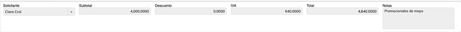 Pie del formulario con Solicitante Clara Crol, Subtotal 4,000.0000, Descuento 0.0000, IVA 640.0000, Total 4,640.0000 y Notas Promocionales de mayo.
