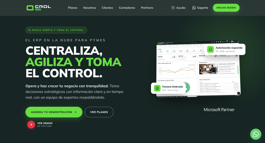 Landing page de Crol ERP mostrando el botón INICIAR SESIÓN en la esquina superior derecha del header verde.