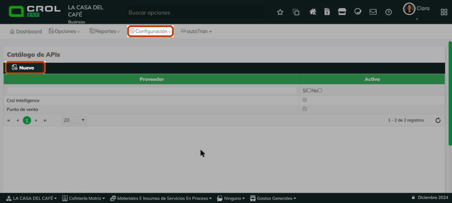 Pantalla de consulta del Catálogo de APIs de Crol ERP mostrando dos registros y el botón Nuevo en la barra de herramientas, con el menú Configuración resaltado.