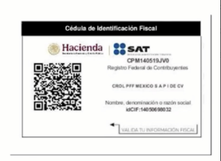Cédula de Identificación Fiscal del SAT mostrando el sello Hacienda-SAT, el código QR a la izquierda, el RFC CPM140519JV0, el nombre CROL PFF MEXICO S A P I DE CV y el idCIF (señalado con flecha roja) 14050698032.